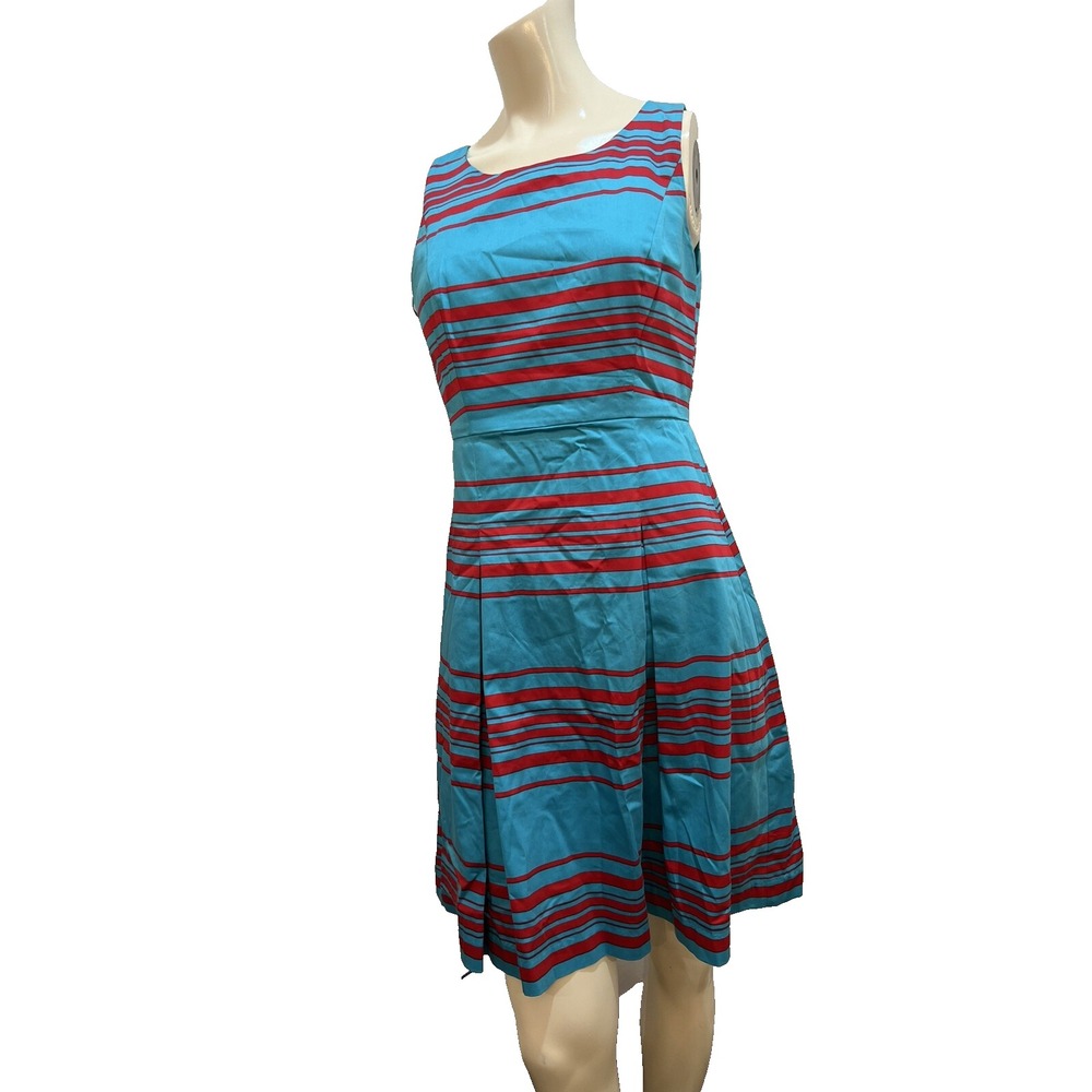 Talbots Sleeveless Boat Neck Pleated Striped Dress Blue Red Size 6